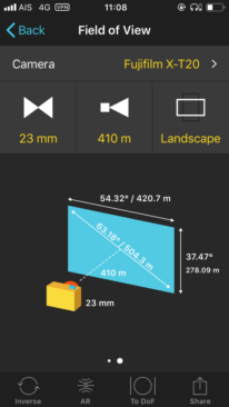 Using PhotoPills app to determine field of view for the camera and lens combination (using subject distance measured in Google Maps)