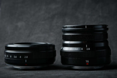 The Fuji 27mm lens next to XF 16mm f/2.8