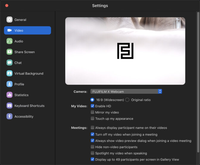 Zoom desktop app on macOS showing feed from Fujifilm X Webcam software