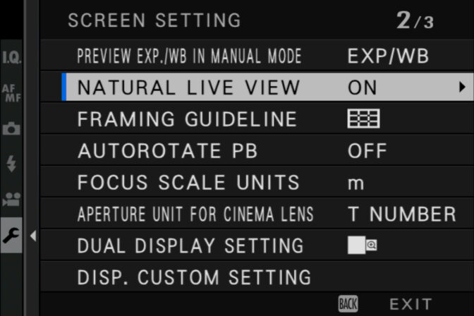 Natural Live View is in screen settings menu, page 2 of 3